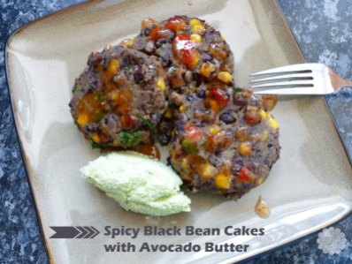 Spicy black bean cakes with avocado butter